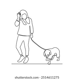 One continuous line drawing of the people is play with their pet carrying it as vector illustration. Playing with dog activity illustration in simple linear style vector concept. Animal themes design.