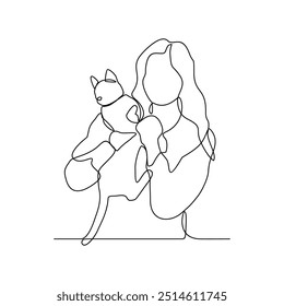 Um desenho de linha contínua das pessoas é brincar com seu animal de estimação abraçando-o e carregando-o como ilustração vetorial. Jogando com a ilustração atividade cão no conceito de vetor de estilo linear simples.