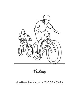 One continuous line drawing of the people Sunday morning riding vector illustration. Riding themes design with simple linear style vector concept design. Good for sports club or education design asset