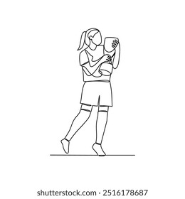 One continuous line drawing of the people hold the cup after winning competition vector illustration. Sport themes design in simple continuous line vector concept. Good asset for education purpose.