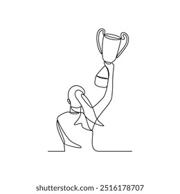 Um desenho de linha contínua das pessoas seguram a taça depois de ganhar a ilustração vetor competição. Temas de esporte projetam em conceito de vetor de linha contínua simples. Bom ativo para fins educacionais.