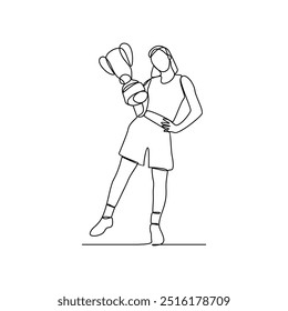 One continuous line drawing of the people hold the cup after winning competition vector illustration. Sport themes design in simple continuous line vector concept. Good asset for education purpose.