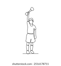 One continuous line drawing of the people hold the cup after winning competition vector illustration. Sport themes design in simple continuous line vector concept. Good asset for education purpose.