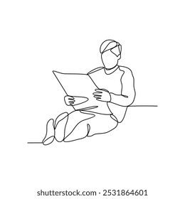 One continuous line drawing of people with reading activity illustration. Reading design in simple continuous linear style vector concept. Reading themes design for educational presentation purpose.