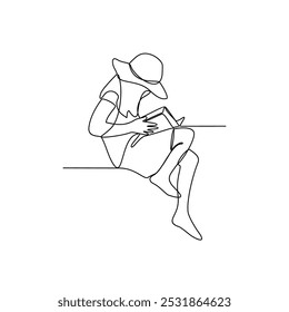Um desenho de linha contínua de pessoas com atividade de leitura. Design de leitura em conceito de vetor de estilo linear contínuo simples. Design de temas de leitura para fins de apresentação educacional.
