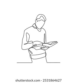 Un dibujo de línea continua de personas con ilustración de actividad lectora. Diseño de lectura en concepto de Vector de estilo lineal continuo simple. Diseño de temas de lectura con fines de presentación educativa.