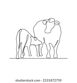 Um desenho de linha contínua de pessoas com Vaca com sua jovem ilustração vetorial. Temas animais projetam em conceito de vetor de estilo linear simples. Concepção animal para fins educativos de apresentação.