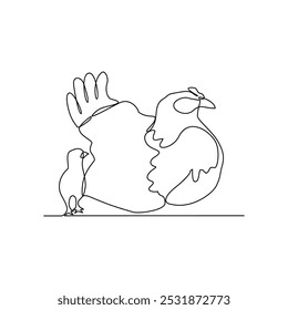 One continuous line drawing of people with chicken with their young vector illustration. Animal themes design in simple linear style vector concept. Animal design for educational presentation purpose.