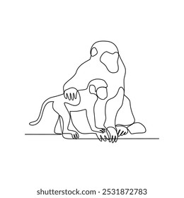 One continuous line drawing of people with monkey with their young vector illustration. Animal themes design in simple linear style vector concept. Animal design for educational presentation purpose.