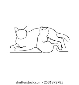 One continuous line drawing of people with cat with their young vector illustration. Animal themes design in simple linear style vector concept. Animal design for educational presentation purpose.