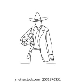One continuous line drawing of people with 
Halloween witch illustration. Halloween design in simple continuous linear style vector concept. Halloween design for educational presentation purpose.