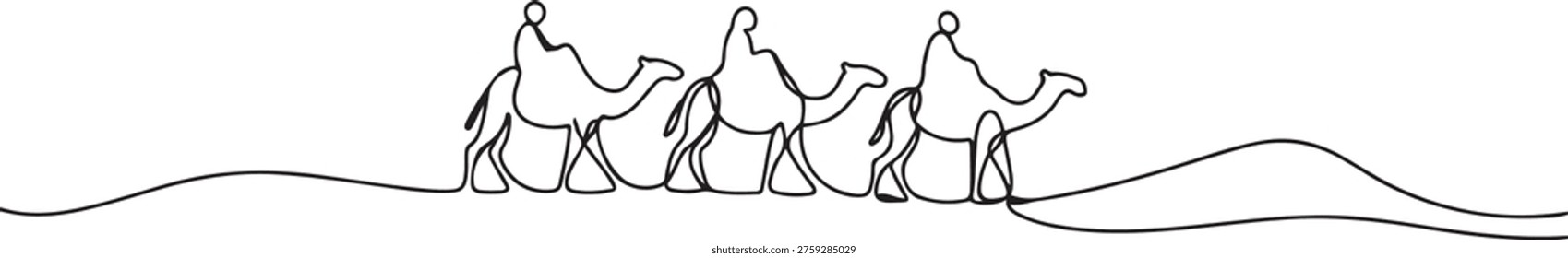 One continuous line drawing of people are riding camels in the desert as symbol for Hijrah. Islamic new year holiday concept. one line Icon drawing
