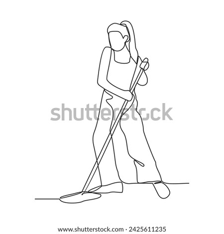 One continuous line drawing of People with housekeeping work activity vector illustration.  tasks such as sweeping, vacuuming, mopping, dusting, wiping down surfaces, and taking out the trash.