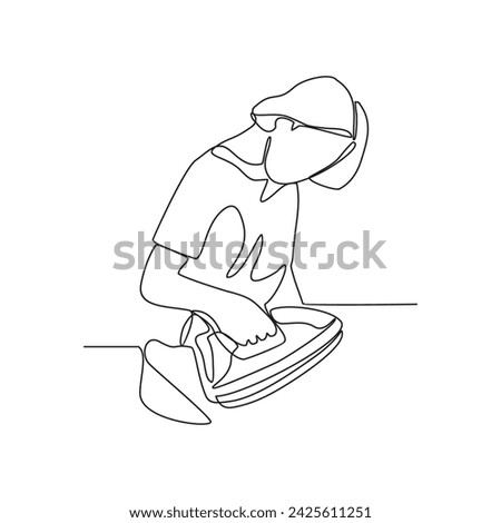 One continuous line drawing of People with housekeeping work activity vector illustration.  tasks such as sweeping, vacuuming, mopping, dusting, wiping down surfaces, and taking out the trash.