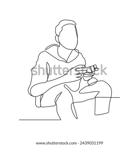 One continuous line drawing of the people are playing soccer video games in a room of house vector illustration. playing video games activity illustration in simple linear style vector design concept.