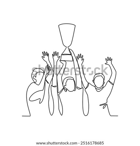 One continuous line drawing of the people hold the cup after winning competition vector illustration. Sport themes design in simple continuous line vector concept. Good asset for education purpose.