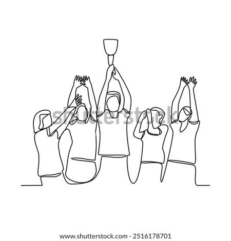 One continuous line drawing of the people hold the cup after winning competition vector illustration. Sport themes design in simple continuous line vector concept. Good asset for education purpose.
