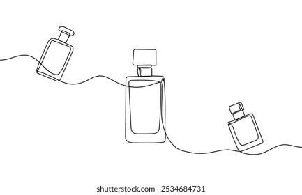 Um desenho de linha contínua de frascos de perfume. Faixa. Silhueta linear. Ilustração do contorno linear minimalista do vetor