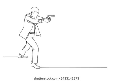 línea continua de hombre apuntando un arma. vector de línea única de hombre preparándose para disparar. dibujo de línea de hombre en traje de oficina preparándose para disparar