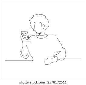 One continuous line drawing of person holding phone concept. single line half body person holding phone. editable stroke