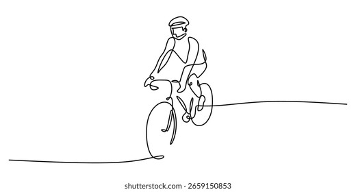 One continuous line drawing of a person cycling. Symbol of healthy sport, eco-friendly transport, and active lifestyle. Minimalist vector illustration.
