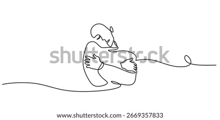 One continuous line drawing of a person hugging their shadow. Hand drawn sketch shows compassion and self love, a concept for healing, therapy, and mindfulness.