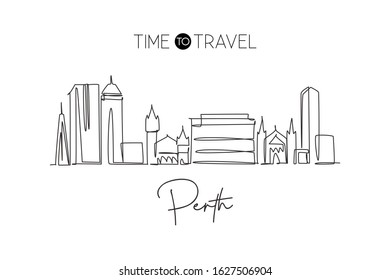 One continuous line drawing of Perth city skyline, Australia. Beautiful landmark. World landscape tourism travel vacation poster. Editable stylish stroke single line draw design vector illustration