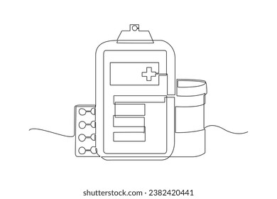 One continuous line drawing of Pharmaceuticals and medication. Medical concept. Doodle vector illustration in simple linear style.