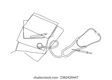 One continuous line drawing of Pharmaceuticals and medication. Medical concept. Doodle vector illustration in simple linear style.