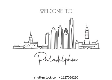 One continuous line drawing of Philadelphia city skyline, United States. Beautiful landmark. World city landscape travel vacation. Editable stylish stroke single line draw design vector illustration