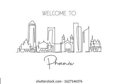 One continuous line drawing of Phoenix city skyline, United States. Beautiful landmark. World landscape tourism and travel vacation. Editable stylish stroke single line draw design vector illustration