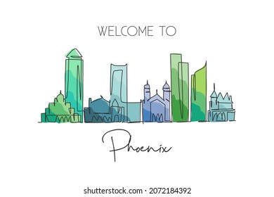 One continuous line drawing of Phoenix city skyline, United States. Beautiful landmark. World landscape tourism and travel vacation. Editable stylish stroke single line draw design vector illustration