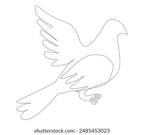  One continuous line drawing of a pigeon, White backdrop. Design element for print, postcard, scrapbooking, coloring book.