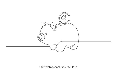 One continuous line drawing of piggy bank with evro coin. Safe money symbol and business finance concept in simple linear style. Editable stroke. Doodle contour vector illustration