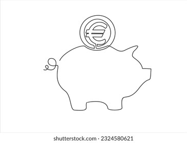 One Continuous line drawing of 
Piggy bank and coin euro. Money box. Vector illustration.