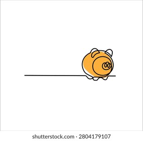One continuous line drawing of piggy bank with coin, minimalist savings and business finance concept, simple linear money box symbol, editable stroke scribble vector illustration isolated on white background