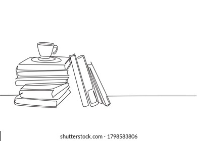 One continuous line drawing of pile of books and a cup of coffee on office desk. Work space table with books stack concept. Single line draw design illustration