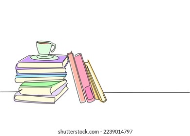 One continuous line drawing pile books   cup coffee office desk  Work space table and books stack concept  Single line draw design illustration