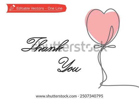 One continuous line drawing of pink background heart balloons with thank you letter. Vector illustration of a love balloon and a thank you letter for a greeting card.