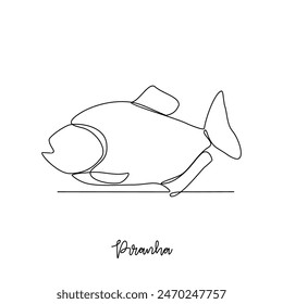 Eine durchgehende Linienzeichnung der Piranha-Vektorillustration. Fischen Sie Tierthemen in einem einfachen durchgängigen Liniendesign-Vektorgrafik-Konzept. Fische sind im Wasser lebende Wirbeltiere, die Kiemen durchatmen