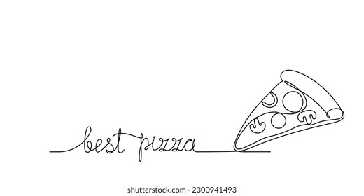 One continuous line drawing of pizza slice and lettering editable stroke. Single line of fast food, street food for restaurant menu, poster, banner simple linear style. Pepperoni sketch illustration