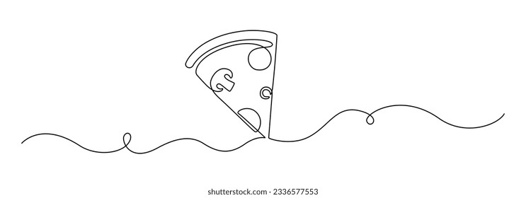 Un dibujo continuo de la rebanada de pizza. Símbolo del concepto italiano de entrega de comida y restaurante en un estilo lineal simple. Menú de banner con trazo editable. Ilustración vectorial de contorno de Doodle