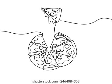 one continuous line drawing of pizza isolated on white background. Food minimalism vector illustration.