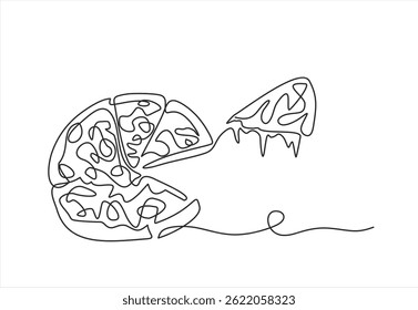 um desenho em linha contínua de pizza isolada sobre fundo branco. Ilustração do vetor de minimalismo alimentar. Traçado editável.

