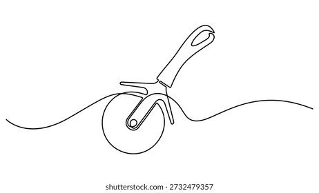 Um desenho de linha contínua de cortador de pizza. Um desenho de linha de ferramenta de corte de pizza. Única linha de arte Cortador de pizza utensílio de cozinha ferramenta de cozinha desenho contínuo. Ilustração linear minimalista vetorial
