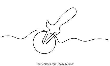 Um desenho de linha contínua de cortador de pizza. Um desenho de linha de ferramenta de corte de pizza. Única linha de arte Cortador de pizza utensílio de cozinha ferramenta de cozinha desenho contínuo. Ilustração linear minimalista vetorial