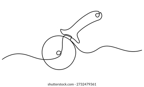 Um desenho de linha contínua de cortador de pizza. Um desenho de linha de ferramenta de corte de pizza. Única linha de arte Cortador de pizza utensílio de cozinha ferramenta de cozinha desenho contínuo. Ilustração linear minimalista vetorial