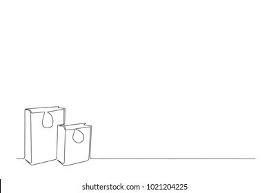 One continuous line drawing. Place for the inscription. Packages for two pieces, shopping bag. Paper bags. Contemplation drawing a thin black line on a white background.