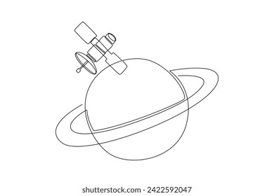 One continuous line drawing of a planet with its satellites. Outer space minimalist concept. Dynamic single line draw design vector graphic illustration