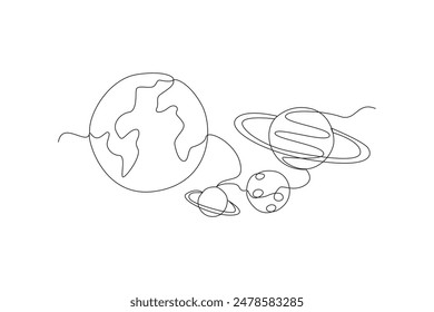 Una línea continua de dibujo de Planeta en el espacio exterior. Espacio exterior y concepto de universo minimalista astronauta. Ilustración gráfica de Vector de diseño de línea única dinámica